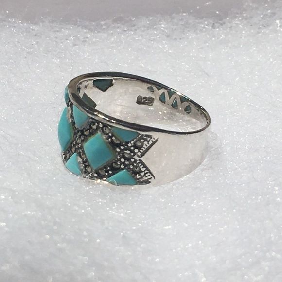 Vintage Sterling Turquoise Marcasite Inlay Ring 7.75 - Picture 9 of 12